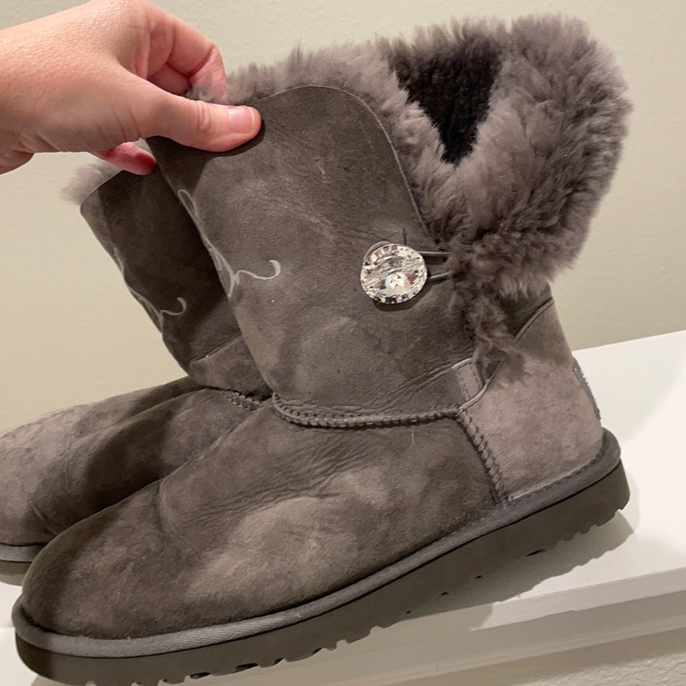 UGG Gray Suede Shearling Button Short Boots